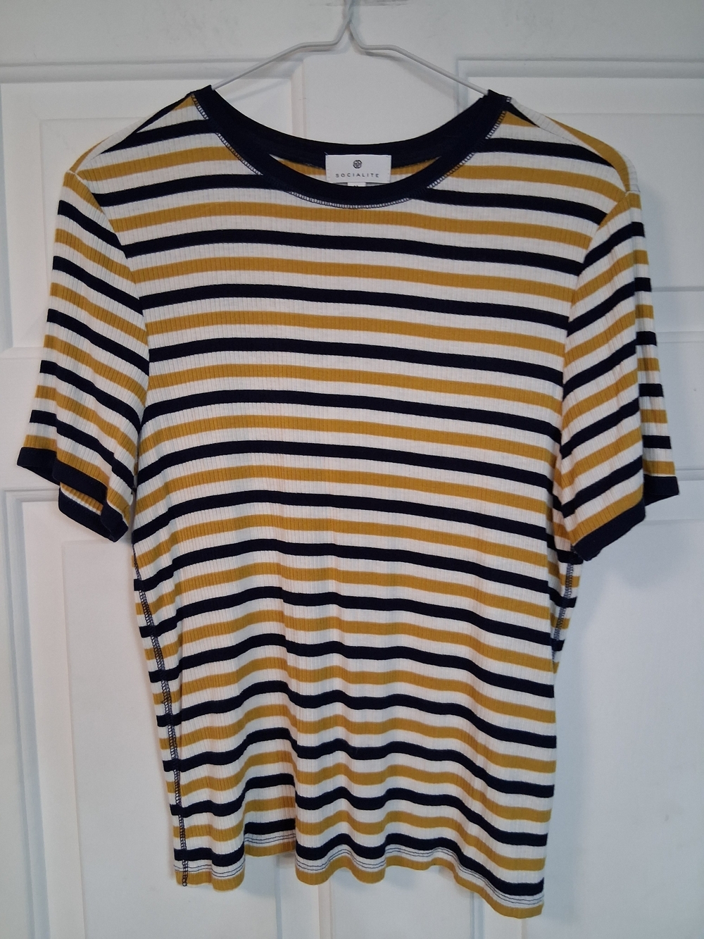 Socialite Striped Ribbed Short-Sleeve Top Mustard Navy White Casual M